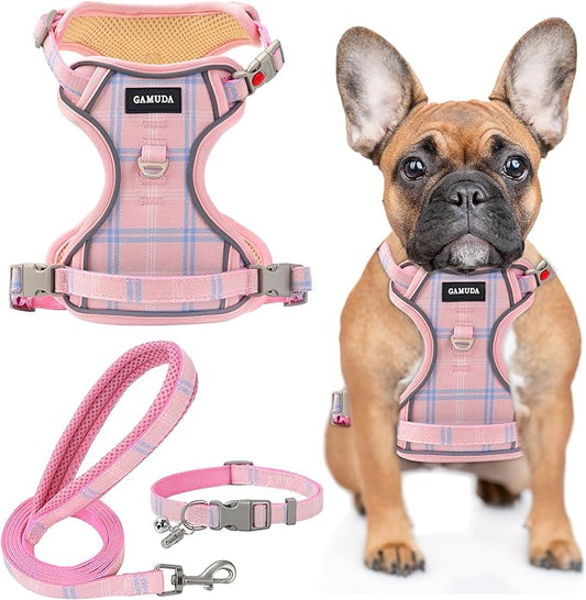GAMUDA Dog Harness Collar and Leash Set, Dog Harness, No Chock No Pull Adjustable Vest Harnesses Plaid Reflective for Medium Dog, Cat, Small Horse, Small Bull and Pig (Pink, XS)