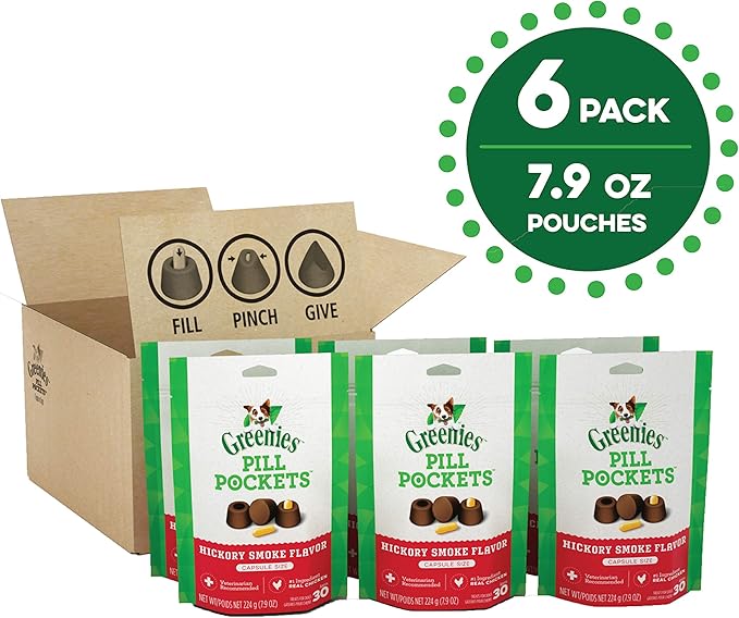 Greenies Pill Pockets for Dogs Large Size, Soft Dog Treats, Hickory Smoke Flavor, (6) 7.9 oz. Pouches (180 Treats Total)