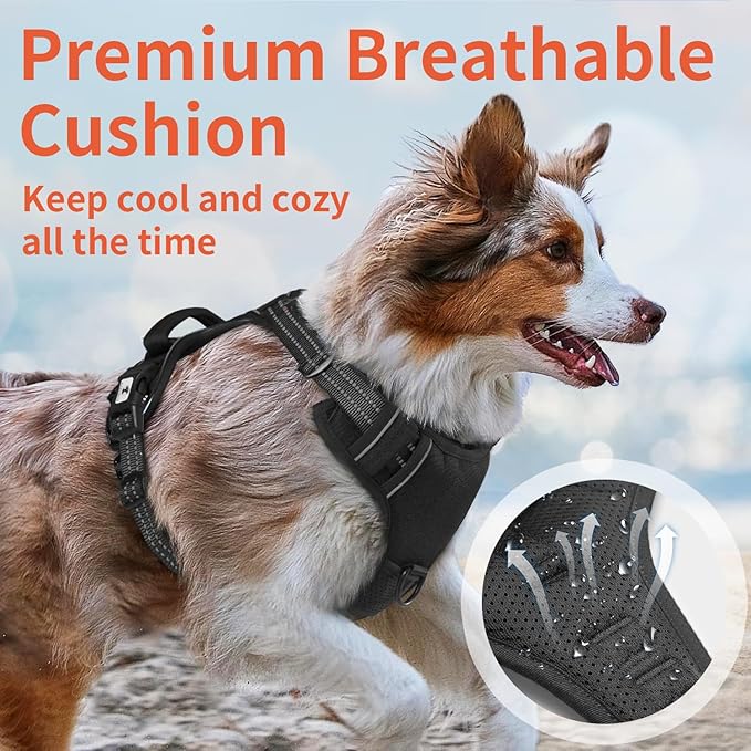Dog Harness, No-Pull Pet Breathable Harness, Adjustable Soft Padded Dog Vest with 2 Leash Clips, Reflective No-Choke Pet, Easy Control Handle for Large Dogs, Black, L
