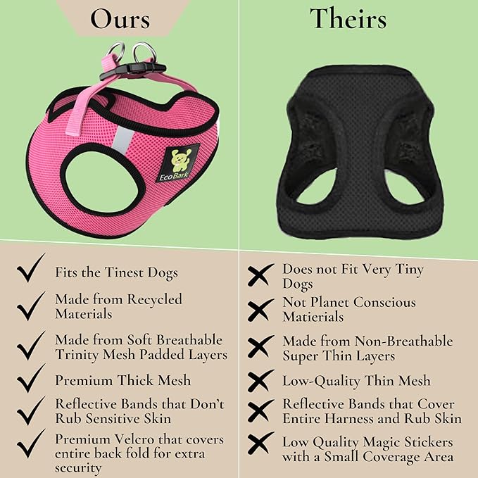 EcoBark Step in Dog Harness - Eco-Friendly Teacup Dog Harnesses for XXS, XS, and Small Dogs - Reflective and Adjustable Mini Body Halter Vest -Tiny Soft Mesh Harness Under 5 lbs (Bubblegum Pink, XXXS)