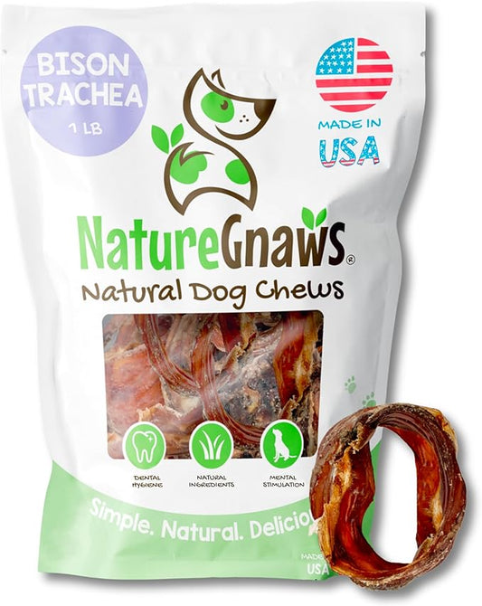 Nature Gnaws USA Smoked Bison Trachea Rings for Dogs (1Lb) – Delicious Grain Free Long Lasting Chew - Premium Natural Dog Chew Bones - Rawhide Free