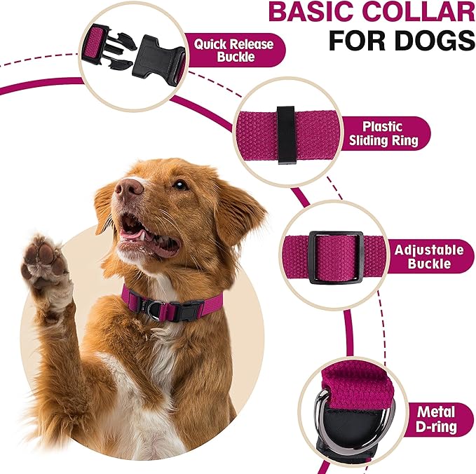 Cotton Soft Dog Collar, Quick Release Dog Collar with Buckle, Heavy-Duty Adjustable Pet Collar for XS Small Medium Large Dog, Colorfast Dog Collars with Removable Tag(XS, Rose Red)