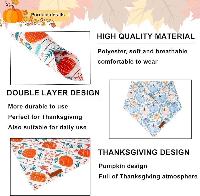 ADOGGYGO Thanksgiving Dog Bandana, Fall Leaves Pumpkin Pet Scarf, Premium Durable Fabric, Adjustable Fit Puppy Thanksgiving Bandanas for Small Dogs Pets (Small)
