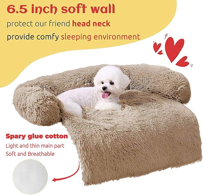 HACHIKITTY Calming Pet Sofa Bed Mat, Washable Plush Couch Cover, Furniture Protector for Dogs and Cats, Fluffy Dog Couch Bed with Anti-Slip Bottom (37"x 33"x 6", Camel)
