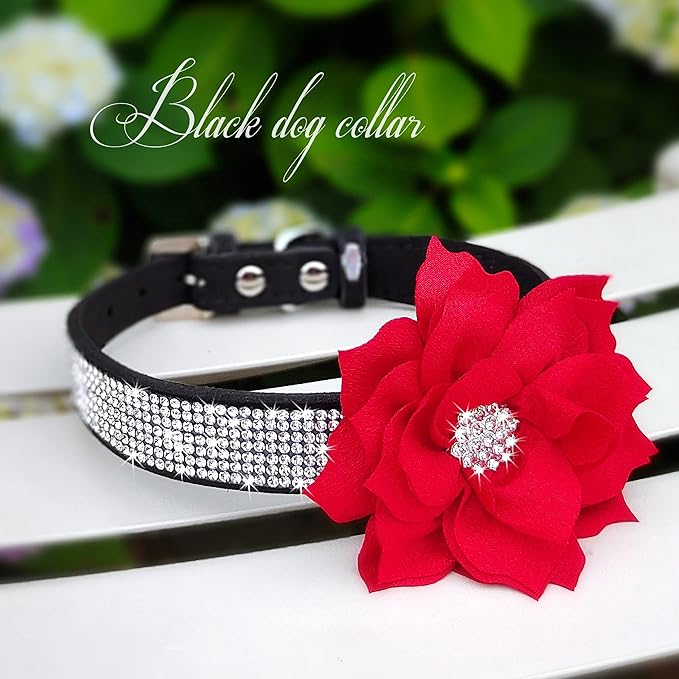 PET ARTIST Bling Dog Collar with Flower, Soft Suede Leather Dog Collar Girl with Sparkling Rhinestone, Cute Red Puppy Collars for Female Small Dogs Cats Walking Party Wedding,XS