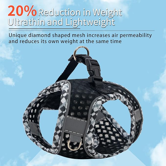 Soft Dog Harness and Leash Set for Walking, Summer Step in Vest Harness, Reflective Bands, Ultra Thin Breathable Pet Supplies, for Extra Small Dogs and House Cats Black XS