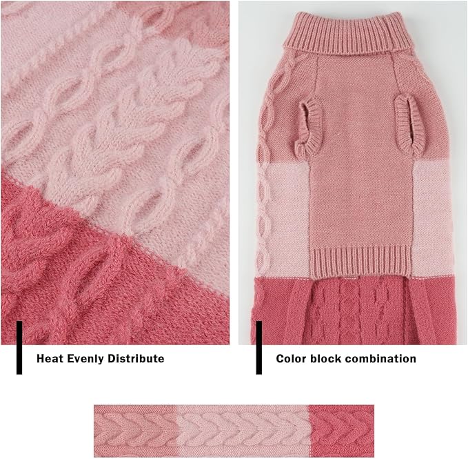Dog Knitted Turtleneck Sweater - Dog Warm Pullover Color Block Cable Knitwear, Doggie Winter Clothes for Cats and Small Dogs Chihuahua, Bulldog (Pink, S)