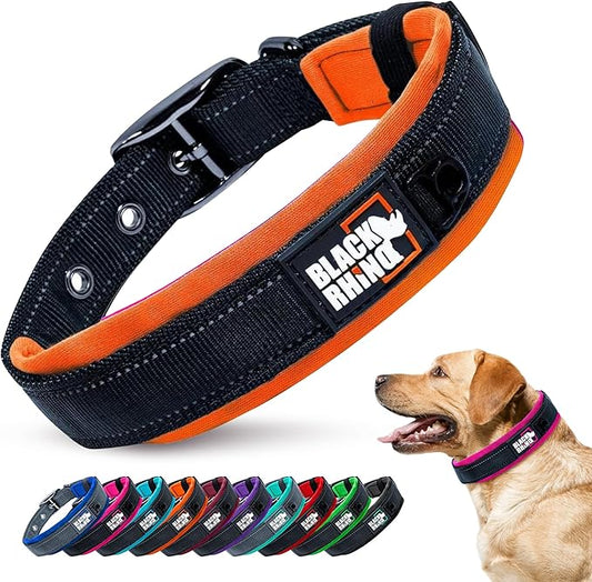Black Rhino - The Comfort Collar Ultra Soft Neoprene Padded Dog Collar for All Breeds - Heavy Duty Adjustable Reflective Weatherproof (Small, Orange/Bl)
