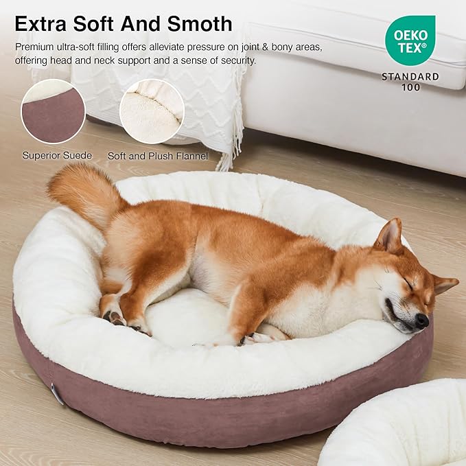 Love's cabin Round Donut Cat and Dog Cushion Bed, 30in Pet Bed for Medium or Large Dogs, Anti-Slip & Water-Resistant Bottom, Soft Durable Fabric Pet beds, Washable Calming Cat & Dog Bed Burlwood