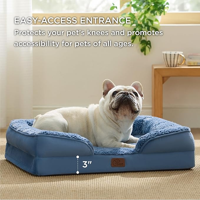 Bedsure Orthopedic Dog Bed for Medium Dogs - Calming Dog Sofa Beds Medium with Luxurious Plush Washable, Pet Couch Bed with Removable Washable Cover, Waterproof Lining and Nonskid Bottom, Blue