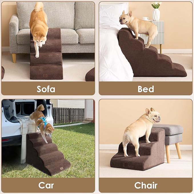 EHEYCIGA Curved Dog Stairs Ramp for High Beds 22.6" H, 5-Step Dog Steps for Small Dogs and Cats, Pet Stairs for High Bed Climbing, Non-Slip Balanced Pet Step Indoor, Brown
