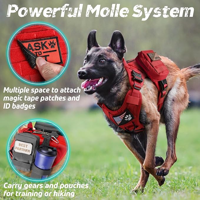 rabbitgoo Tactical Dog Harness for Small, Heavy Duty Pet Harness with Handle, No-Pull Service Vest Small Breed, Adjustable Military Dog Vest for Training Hunting Walking, Red, S