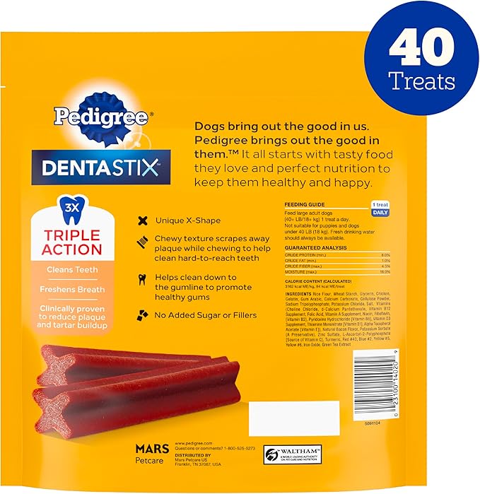 Pedigree Dentastix Large Dog Treats, Bacon Flavor, 2.08 lb. Bag (40 Treats)