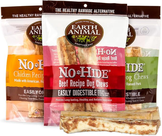 Earth Animal No-Hide Medium Long Lasting Dog Chew Rolls Beef, Chicken and Pork (2 Count Pack of 3)