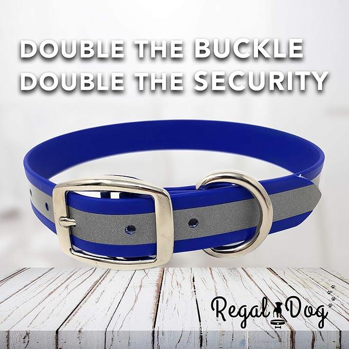 Regal Dog Products Large Blue Reflective Dog Collar and Leash Set - Waterproof Biothane Dog Collar with Heavy Duty Double Buckle, D Ring & 5ft Leash - Other Size for Medium & Large Dogs