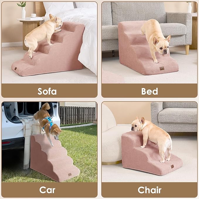 EHEYCIGA Curved Dog Stairs Ramp for High Beds 19.7" H, 4-Step Dog Steps for Small Dogs and Cats, Pet Stairs for High Bed Climbing, Non-Slip Balanced Pet Step Indoor, Dusty Pink
