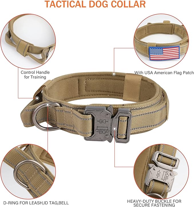 KCUCOP Tactical Dog Collar for Medium & Large Dogs - Military Nylon Heavy Duty Collar with Handle, Reflective Strip & Metal Buckle for Training, Outdoor (Brown Reflective, XLarge)