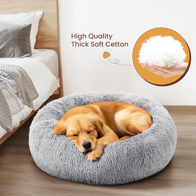 DUMOS Calming Donut Cat & Dog Bed for Small Dogs, Machine Washable Cuddle Warming Cozy Fluffy Faux Fur Plush Round Dog Bed, Anti-Anxiety Waterproof Anti-Slip Pet Bed, Grey, 20×20×8 Inches