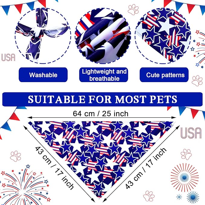Eccliy 20 Pcs 4th of July Dog Bandanas for Pets Memorial Day Dog Bandanas Gifts Independence Day Pet Scarf Washable Triangle Bibs American Flag Patriotic Adjustable Pet Kerchief for Cat