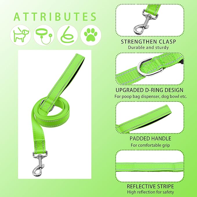 Reflective Dog Collar with Safety Locking Buckle, Adjustable Soft Breathable Nylon Collars for Small, Medium and Large Dogs(Collar+Leash M Green)