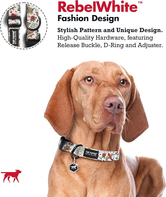 Tuff Pupper Premium Adjustable Dog Collar for Large Girl Dogs, Stylish Pattern Collars Designed in USA, Quick Release Buckle, RebelWhite Print for Female Dogs, Large (1 Inch Wide x 18-26 Inch Neck)