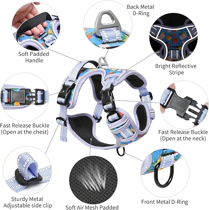 Timos No Pull Dog Harness, Release at Neck Reflective 3 Snap Buckles Adjustable No Choke Pet Vest with Front & Back 2 Leash Clips, Soft Padded Control Training Handle for Small Medium Large Dogs