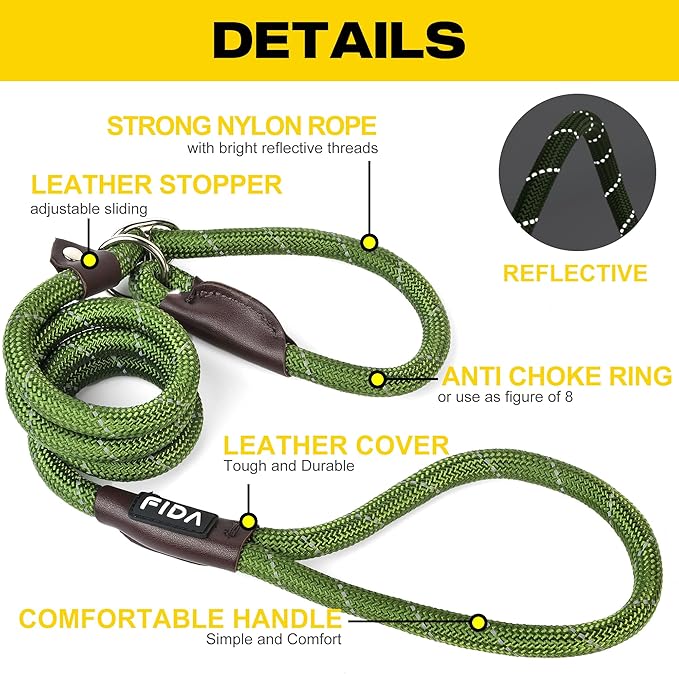 Fida Slip Leads for Dogs - 4 FT x 1/2" Heavy Duty Comfortable Strong Rope Leash for Large, Medium Dogs - No Pull Pet Training Leash with Highly Reflective, Green