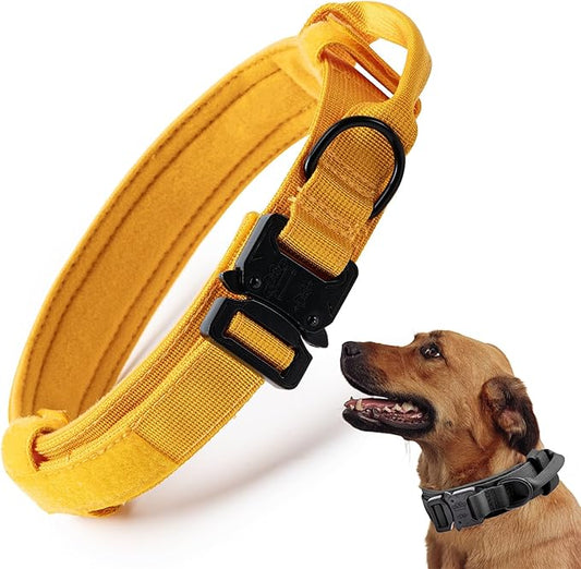 Tactical Dog Collar, Adjustable Military Training Nylon Dog Collar with Control Handle and Heavy Quick-Release Metal Buckle for Small Medium Large Dogs, Yellow XXL