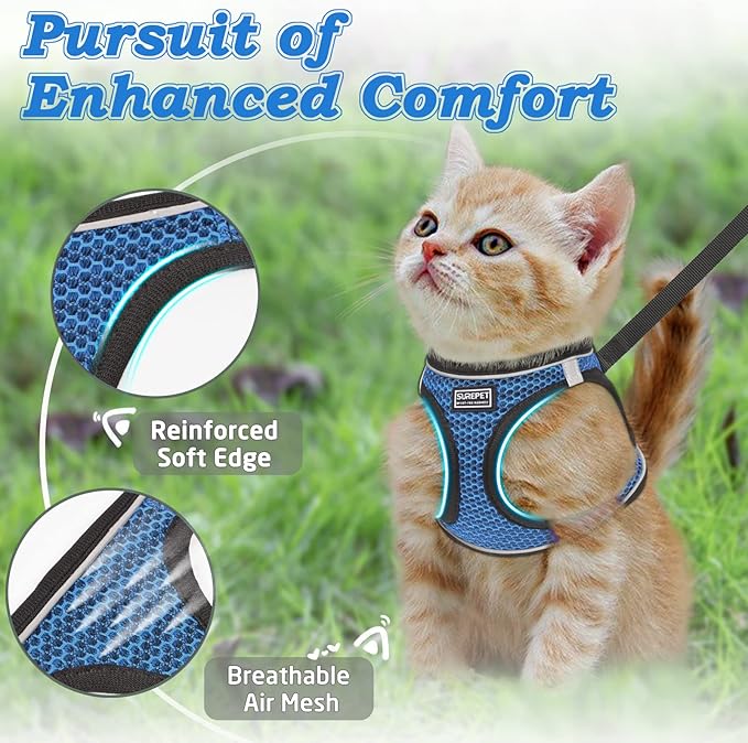 Cat Harness and Leash for Walking Escape Proof, Adjustable Kitten Vest Harness Reflective Soft Mesh Puppy Harness for Outdoor, Comfort Fit, Easy to Control (Blue, L)