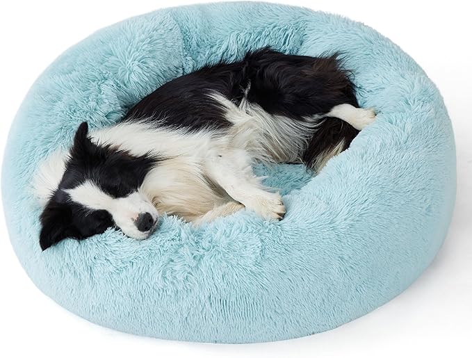 Bedsure Calming Dog Bed for Large Dogs - Donut Washable Large Pet Bed, 36 inches Anti-Slip Round Fluffy Plush Faux Fur Dog Bed, Fits up to 100 lbs Pets, Aqua Blue