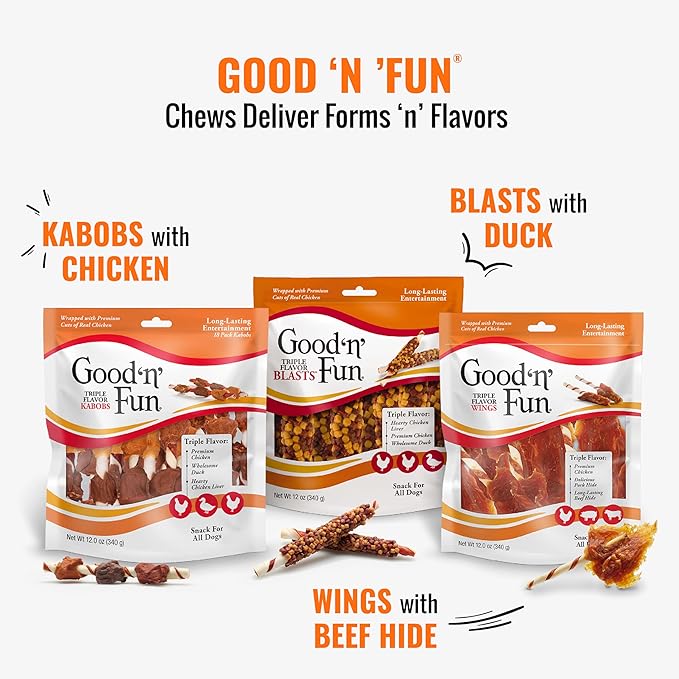 Good 'n' Fun Triple Flavor Wings Chews for All Dogs, 12 Ounces, Treat Your Dog to Long-Lasting Chews Made with Chicken, Pork Hide and Beef Hide