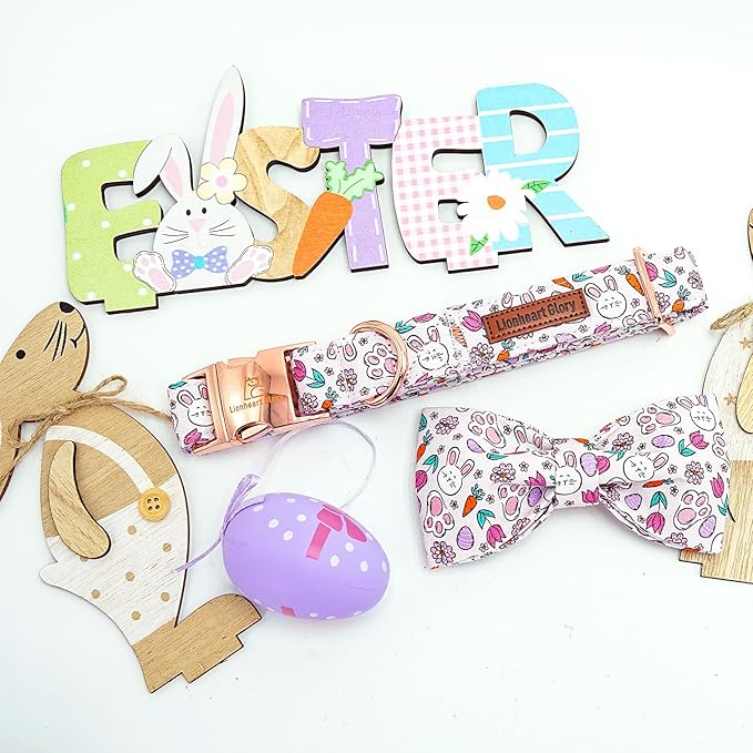 Lionheart glory Dog Bow Collar Easter Day Dog Collar for Large Dogs,Easter Rabbits Eggs Colorful Dog Collars with Bowtie Spring Bunnies Carrots Collars Pet Collar Bows