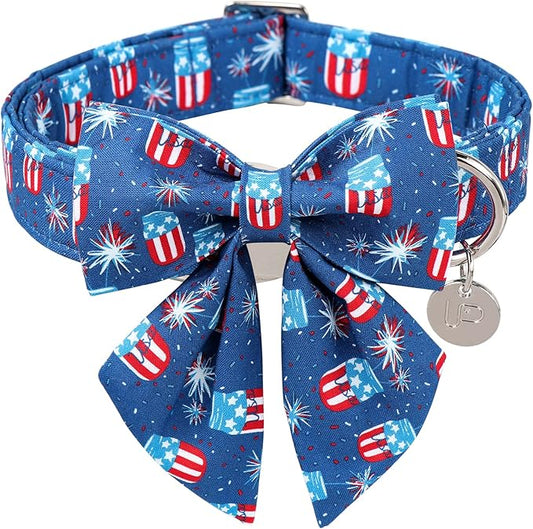 Patriotic Dog Collar with Bow Tie, 4th of July Bowtie Dog Collar, American Flag Collar for Puppy Boy Girl Dog or Cat, Comfortable Summer Bowtie Collar with Metal Buckle, XS