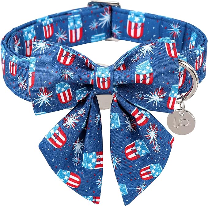 Patriotic Dog Collar with Bow Tie, 4th of July Bowtie, American Flag for Medium Dogs, Comfortable Summer Collar with Metal Buckle, M, Neck 13.5-22in