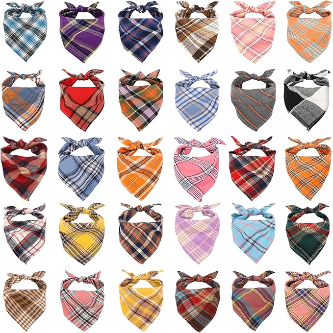 Segarty 30 Pack Dog Bandanas, 22.8"x15.7" Triangle Plaid Bibs Pet Scarf Accessories Bulk for Medium Small Dogs Cats Large Puppy Dogs, Adjustable Washable Reversible Boy Pets Birthday Kerchief
