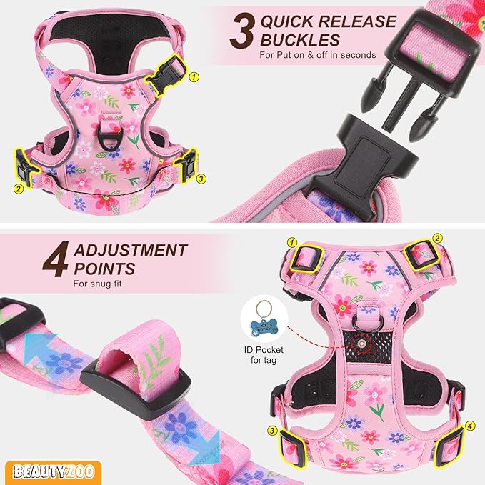 BEAUTYZOO No Pull Dog Harness Medium,Adjustable Dog Harness and Leash Set -Easy Wearing with 3 Buckles/Control Handle,No Choke Soft Padded Reflective Pet Vest for Training Walking Hiking,Pink M
