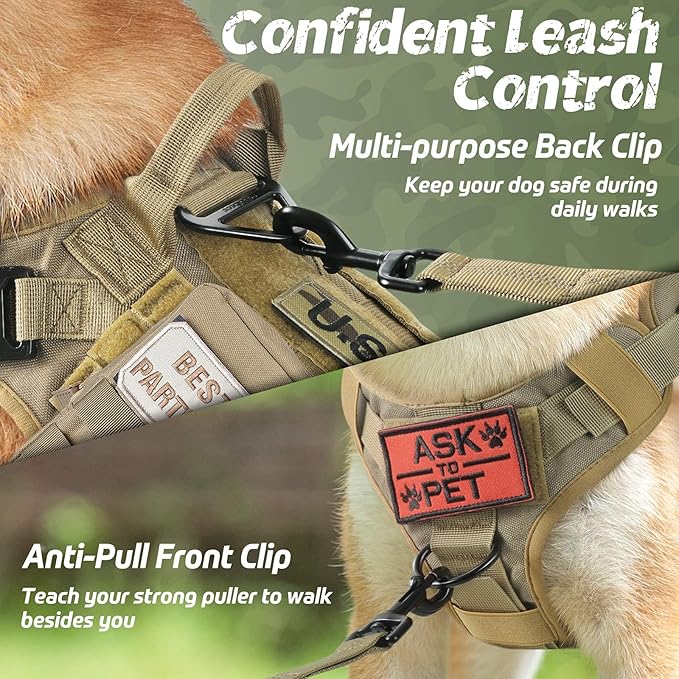 rabbitgoo Tactical Dog Harness for Large, Heavy Duty Pet Harness with Handle, No-Pull Service Vest Large Breed, Adjustable Military Dog Vest for Training Hunting Walking, Brown, XL