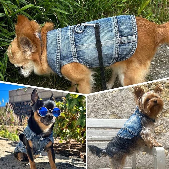 Dog Jeans Jacket Cool Blue Denim Coat for Small Medium Girl Boy Dogs Puppy Clothes Comfort Lapel Harness Vest with D-Ring for Leash