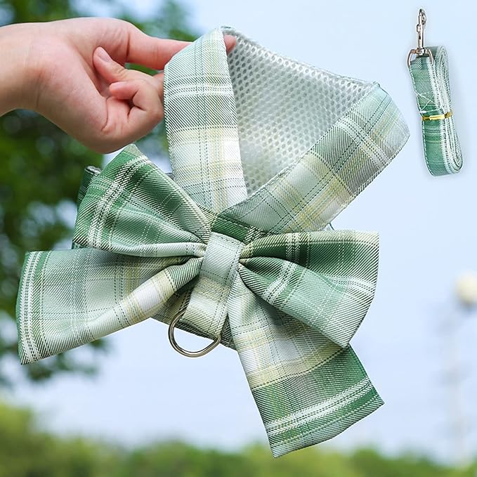 Dog Harness and Leash Set, Cute Bow Tie Plaid Harnesses for Puppy Cat, Adjustable Pet Kitties Vest, Breathable Harness Traction Rope for Boy Girl Small Animal(Harness Green,S for 3.3-5.5lbs Dog)
