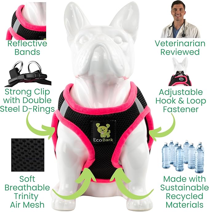 EcoBark Step in Dog Harness - Eco-Friendly Small Breed Dog Harnesses for XS and Small Dogs - Reflective and Adjustable Mini Body Halter Vest - Soft Mesh Toy Breed Harness (Black and Pink, Small)