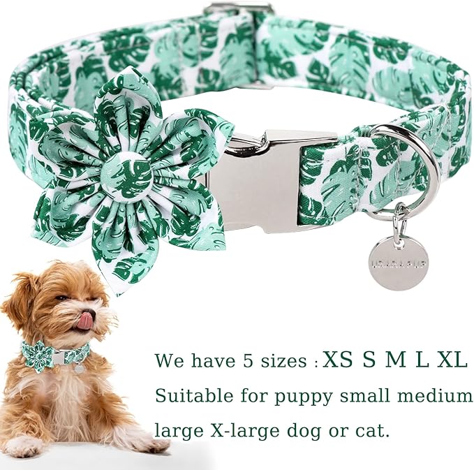 Flower Summer Dog Collar, Medium, Green, Comfortable Cotton with Metal Buckle and Detachable Flower Decoration