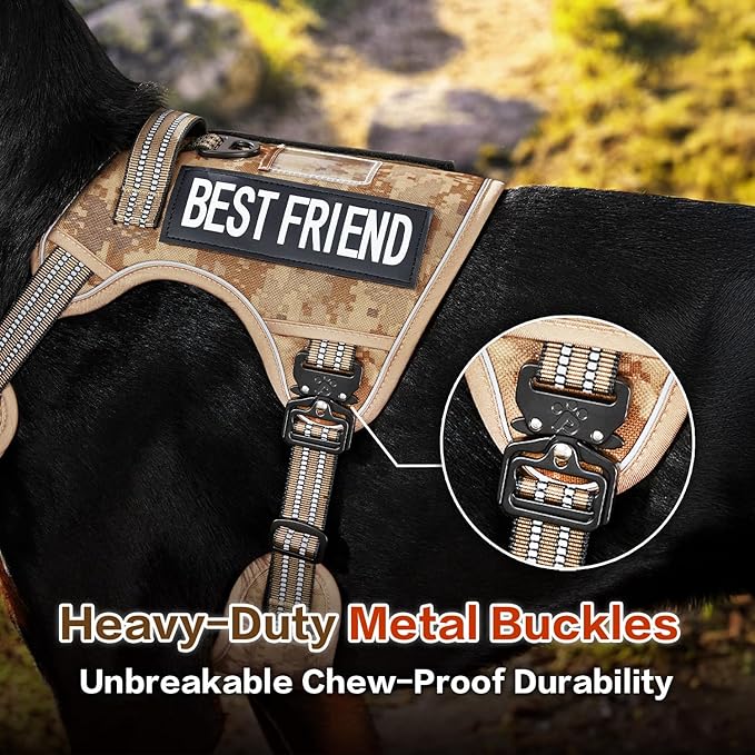 PawsPassion Tactical Dog Harness for X-Large Dogs, Chew-Proof Metal Hardware, Heavy Duty No Pull Dog Harness, Reflective Strips, Adjusting Ring, MOLLE System, Hook and Loop Panel (Dune Patrol, XL)