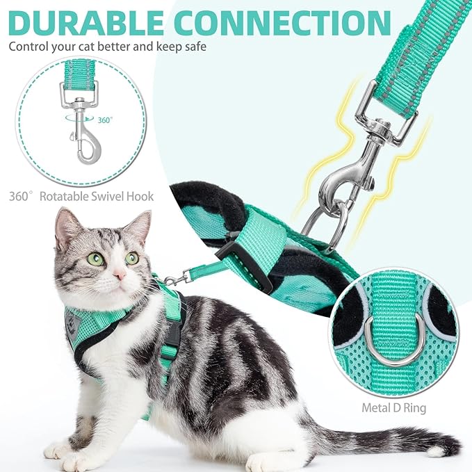 PUPTECK Cat Harness and Leash Set Escape Proof Reflective Cat Walking Harness Adjustable Soft Breathable Mesh Vest for Small Pets, Aquamarine, L