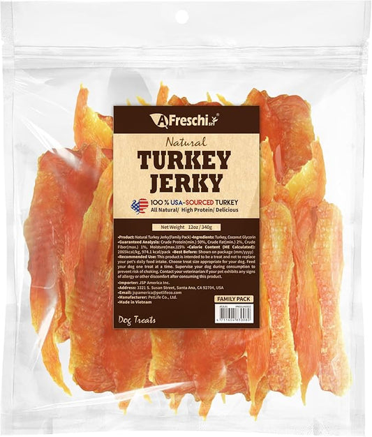 Afreschi Turkey Jerky Dog Treats –12 oz, USA-Sourced, All-Natural, Hypoallergenic, High-Protein, Low-Fat, Healthy & Easily Digestible, Puppy & Training Snack
