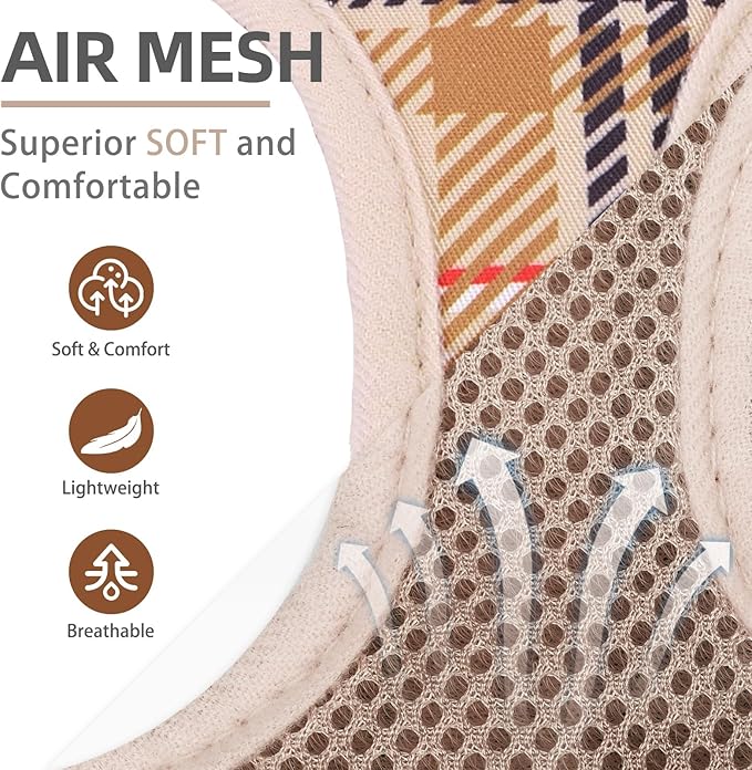 PUPTECK Dog Harness and Leash Set for Small Medium Dogs No Pull Step-in Soft Mesh Puppy Cat Vest Harnesses Reflective at Night, Plaid Pattern Beige L