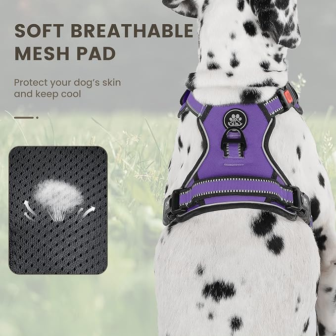 FURRYFECTION Dog Harness | No Pull Dog Harness | Reflective Oxford | Padded Handle | 4 Adjustable Straps | 2 Leash Clips | No Choke Pet Vest Harness for Small Medium Large Dogs | Purple | M