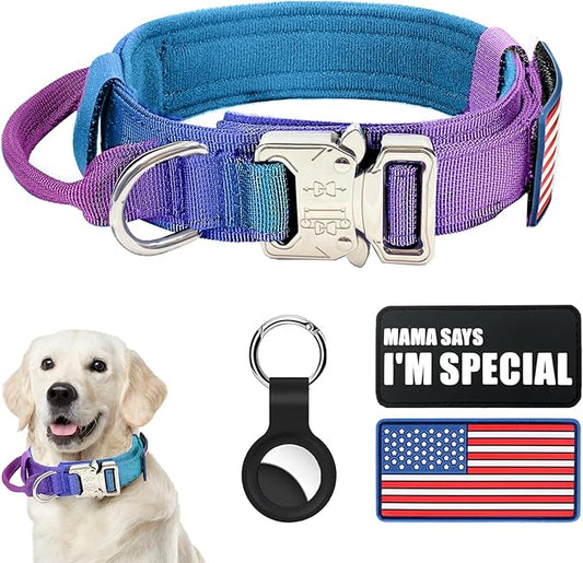 Tactical Military Dog Collar - Adjustable Nylon, Heavy Duty Metal Buckle with Handle for Dog Training, Patches (Gradient 1, XL)