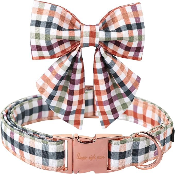 Unique Style Paws Cotton Dog Collar with Bow Floral Plaid Colorful Dog Collar with Bow Tie for Small Medium Large Dogs Pets Gifts