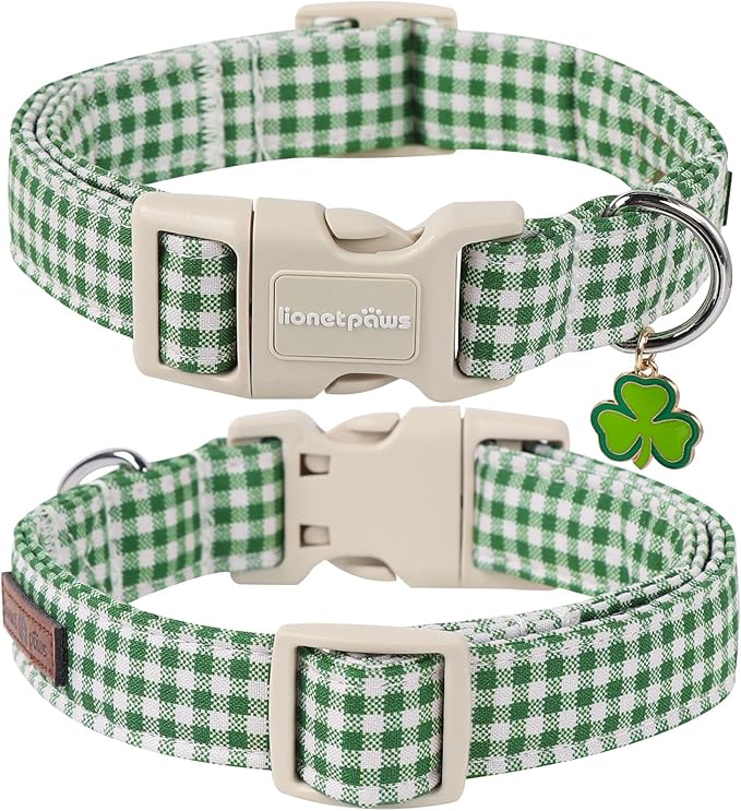 Lionet Paws St. Patrick Dog Collar, Comfortable Adjustable Green Collar with Green and White Grid Pattern for X-Small Male Female Puppies Dogs Collars, Neck 8-12 inches