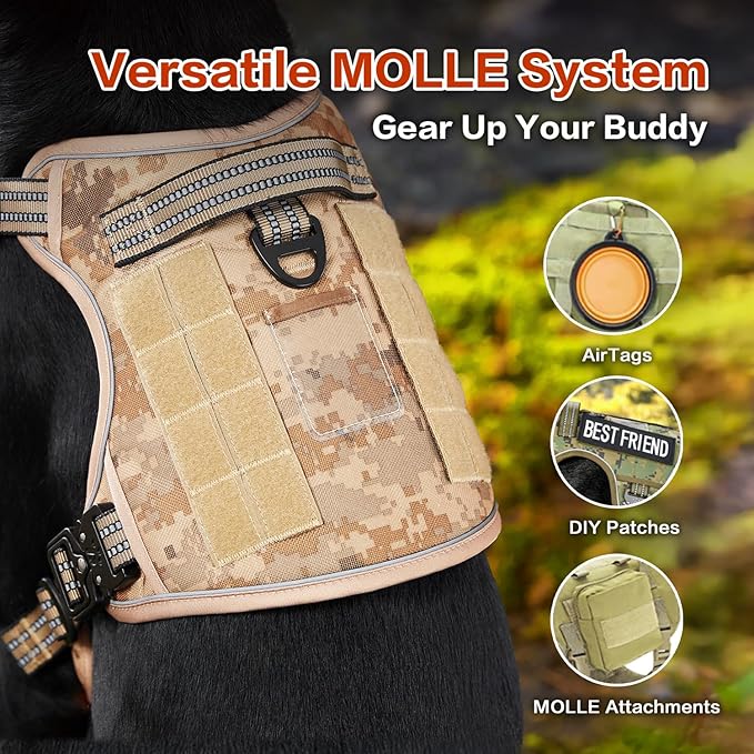 PawsPassion Tactical Dog Harness for X-Large Dogs, Chew-Proof Metal Hardware, Heavy Duty No Pull Dog Harness, Reflective Strips, Adjusting Ring, MOLLE System, Hook and Loop Panel (Dune Patrol, XL)